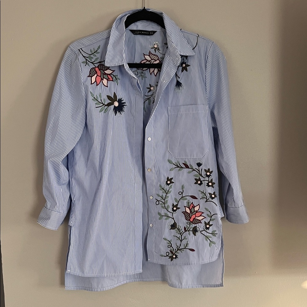 Zara Blue Striped Button Down‎ Shirt with Floral Embroidery